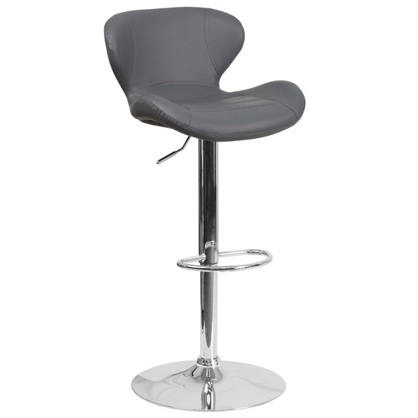 Francis Contemporary Gray Vinyl Adjustable Height Barstool with Curved Back and Chrome Base