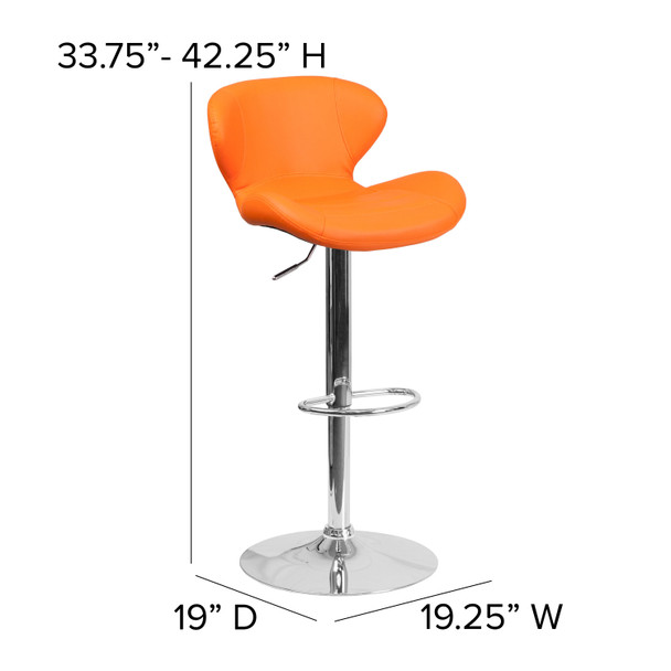 Francis Contemporary Orange Vinyl Adjustable Height Barstool with Curved Back and Chrome Base