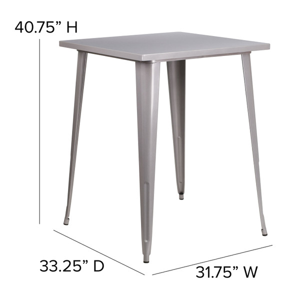 Nolan Commercial Grade 31.5" Square Silver Metal Indoor-Outdoor Bar Height Table