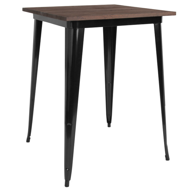 Nolan 31.5" Square Black Metal Indoor Bar Height Table with Walnut Rustic Wood Top