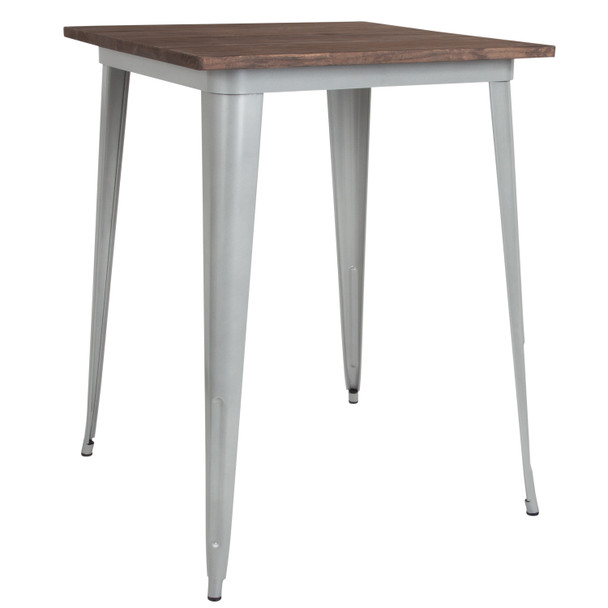 Nolan 31.5" Square Silver Metal Indoor Bar Height Table with Walnut Rustic Wood Top