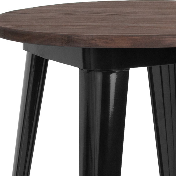 Webb 24" Round Black Metal Indoor Table with Walnut Rustic Wood Top