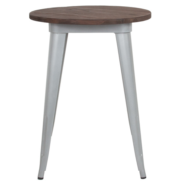 Webb 24" Round Silver Metal Indoor Table with Walnut Rustic Wood Top