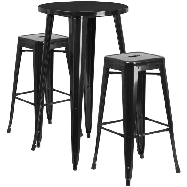 Douglas Commercial Grade 24" Round Black Metal Indoor-Outdoor Bar Table Set with 2 Square Seat Backless Stools