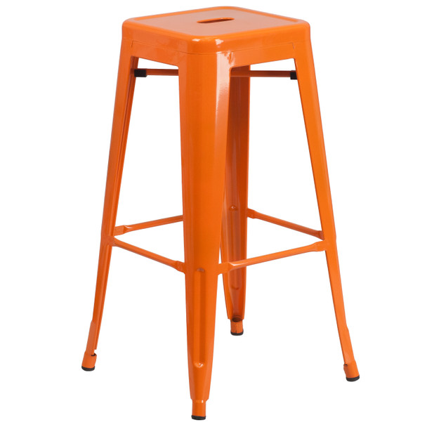 Douglas Commercial Grade 24" Round Orange Metal Indoor-Outdoor Bar Table Set with 2 Square Seat Backless Stools