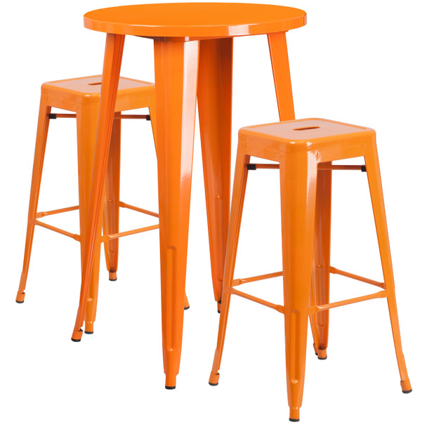 Douglas Commercial Grade 24" Round Orange Metal Indoor-Outdoor Bar Table Set with 2 Square Seat Backless Stools