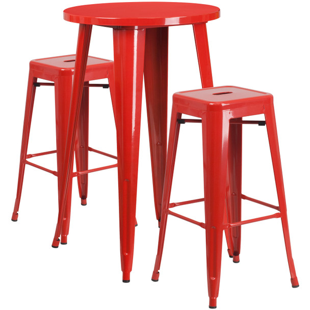 Douglas Commercial Grade 24" Round Red Metal Indoor-Outdoor Bar Table Set with 2 Square Seat Backless Stools