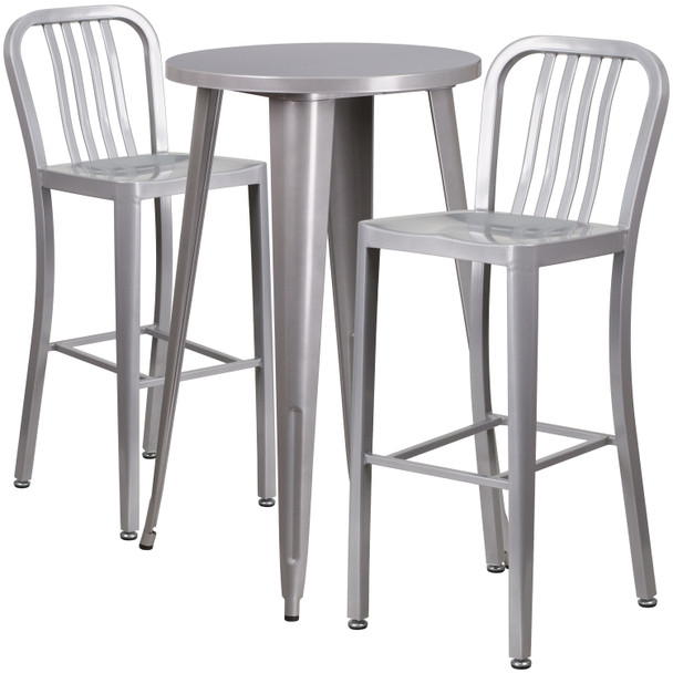 Earl Commercial Grade 24" Round Silver Metal Indoor-Outdoor Bar Table Set with 2 Vertical Slat Back Stools