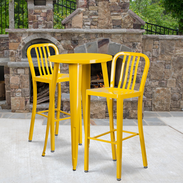 Earl Commercial Grade 24" Round Yellow Metal Indoor-Outdoor Bar Table Set with 2 Vertical Slat Back Stools