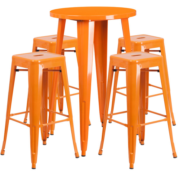 Ormsby Commercial Grade 24" Round Orange Metal Indoor-Outdoor Bar Table Set with 4 Square Seat Backless Stools