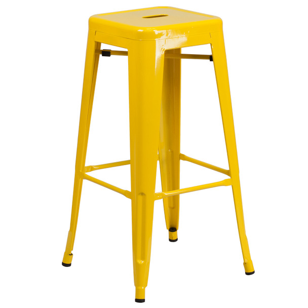 Ormsby Commercial Grade 24" Round Yellow Metal Indoor-Outdoor Bar Table Set with 4 Square Seat Backless Stools