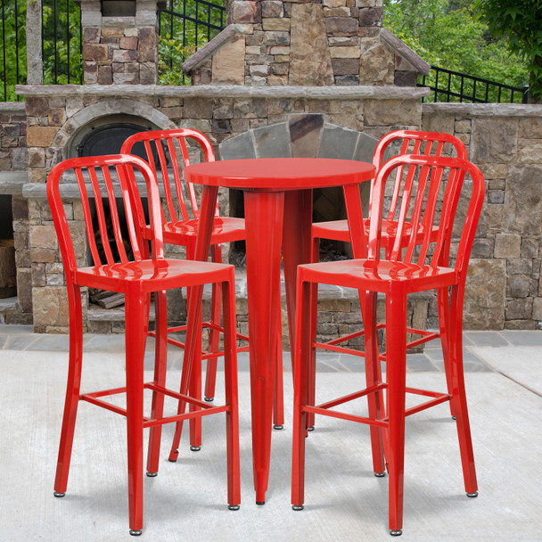 Richard Commercial Grade 24" Round Red Metal Indoor-Outdoor Bar Table Set with 4 Vertical Slat Back Stools