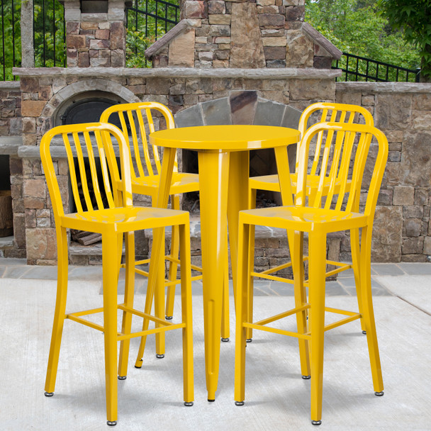 Richard Commercial Grade 24" Round Yellow Metal Indoor-Outdoor Bar Table Set with 4 Vertical Slat Back Stools