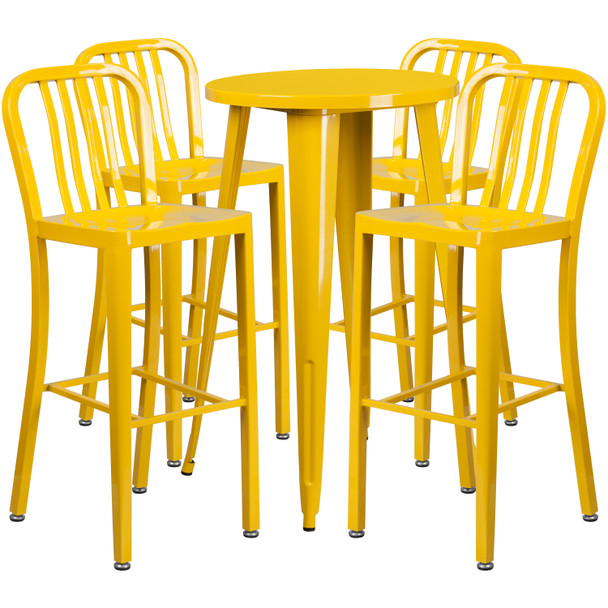 Richard Commercial Grade 24" Round Yellow Metal Indoor-Outdoor Bar Table Set with 4 Vertical Slat Back Stools