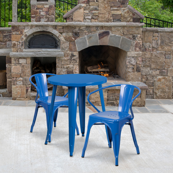Napoleon Commercial Grade 24" Round Blue Metal Indoor-Outdoor Table Set with 2 Arm Chairs