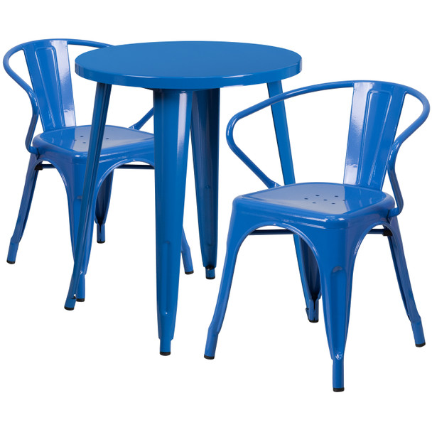 Napoleon Commercial Grade 24" Round Blue Metal Indoor-Outdoor Table Set with 2 Arm Chairs