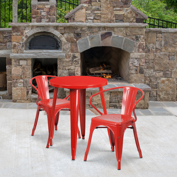 Napoleon Commercial Grade 24" Round Red Metal Indoor-Outdoor Table Set with 2 Arm Chairs