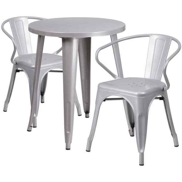 Napoleon Commercial Grade 24" Round Silver Metal Indoor-Outdoor Table Set with 2 Arm Chairs