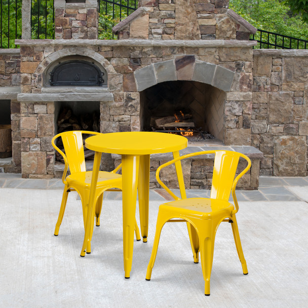Napoleon Commercial Grade 24" Round Yellow Metal Indoor-Outdoor Table Set with 2 Arm Chairs