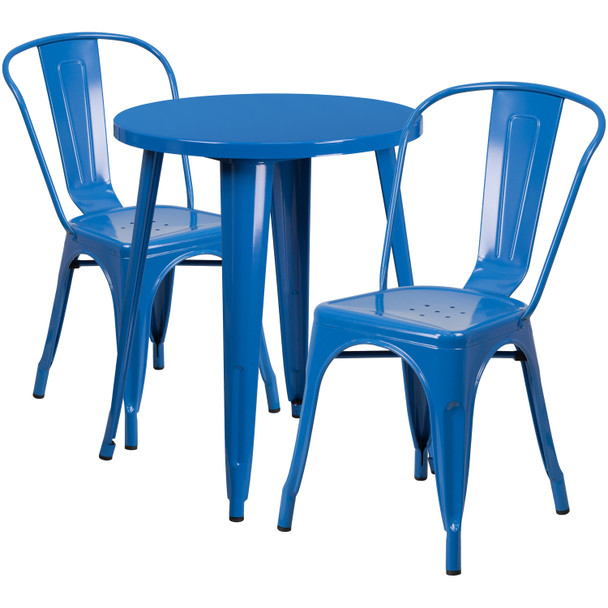 Napoleon Commercial Grade 24" Round Blue Metal Indoor-Outdoor Table Set with 2 Cafe Chairs