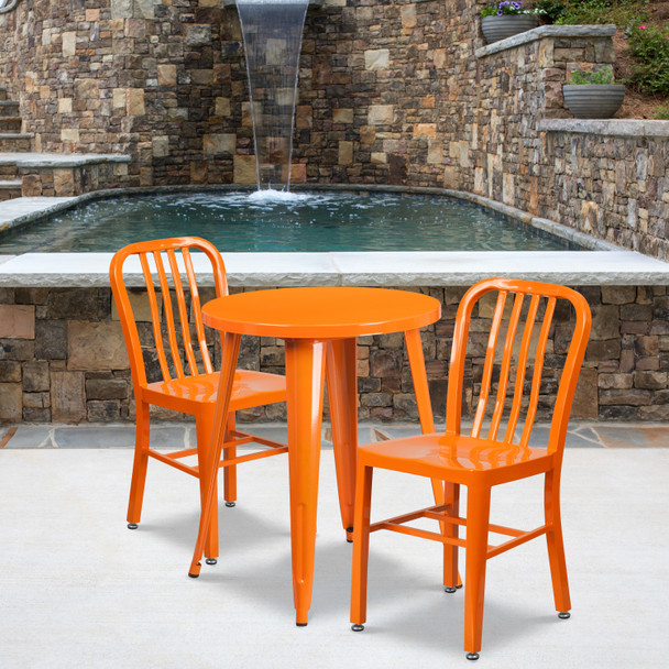 Napoleon Commercial Grade 24" Round Orange Metal Indoor-Outdoor Table Set with 2 Vertical Slat Back Chairs