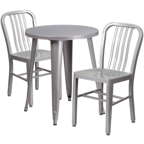 Napoleon Commercial Grade 24" Round Silver Metal Indoor-Outdoor Table Set with 2 Vertical Slat Back Chairs