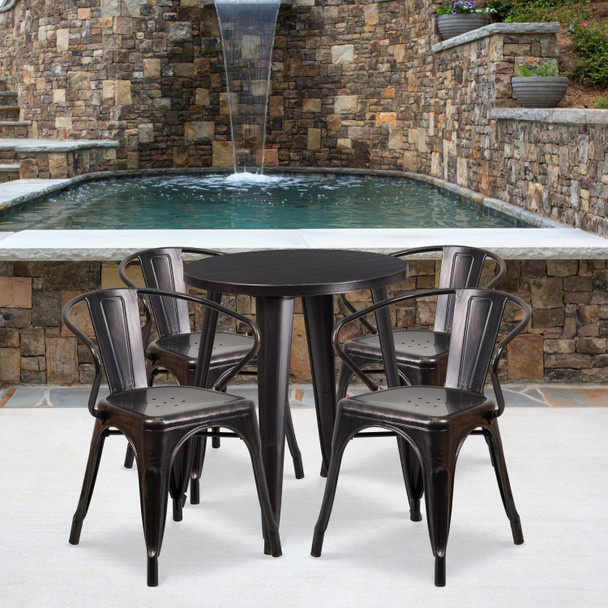 Chauncey Commercial Grade 24" Round Black-Antique Gold Metal Indoor-Outdoor Table Set with 4 Arm Chairs