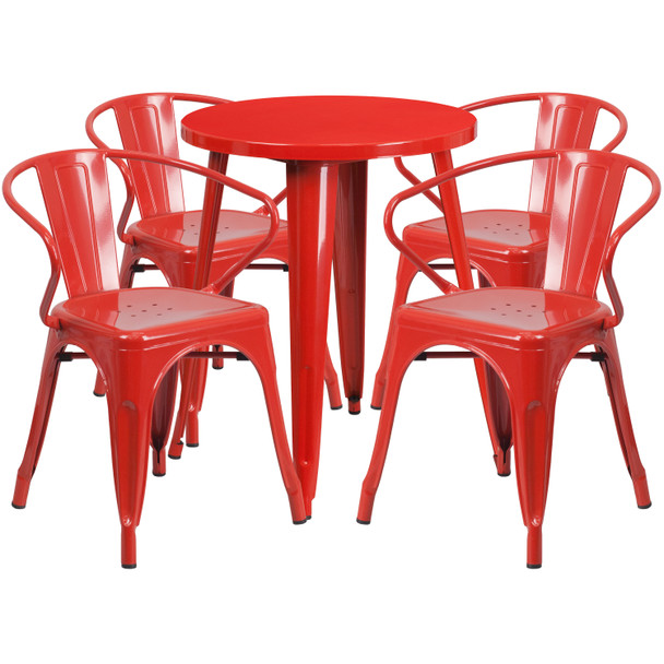 Chauncey Commercial Grade 24" Round Red Metal Indoor-Outdoor Table Set with 4 Arm Chairs