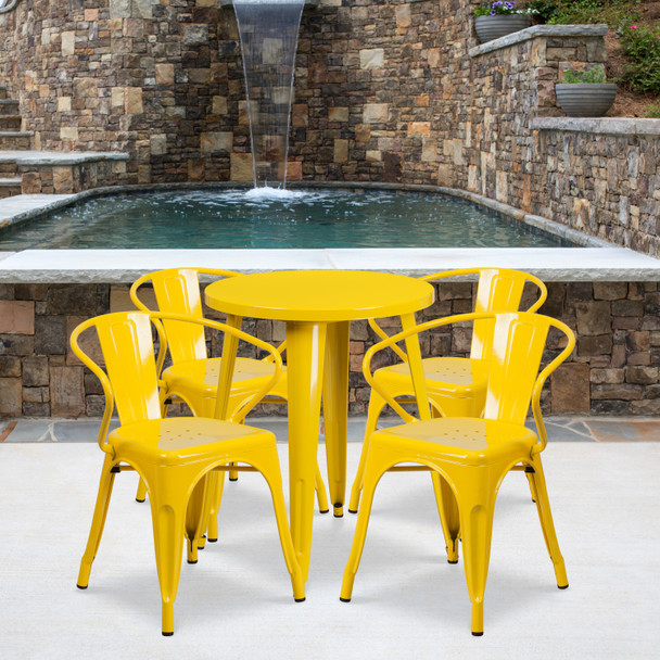 Chauncey Commercial Grade 24" Round Yellow Metal Indoor-Outdoor Table Set with 4 Arm Chairs