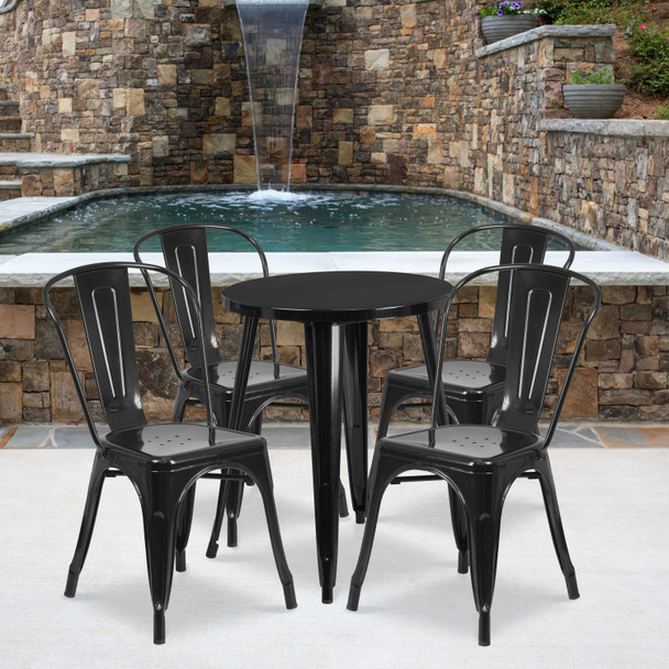 Chauncey Commercial Grade 24" Round Black Metal Indoor-Outdoor Table Set with 4 Cafe Chairs