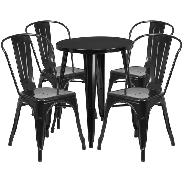 Chauncey Commercial Grade 24" Round Black Metal Indoor-Outdoor Table Set with 4 Cafe Chairs