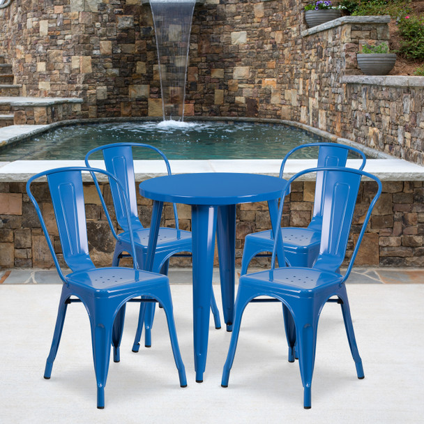 Chauncey Commercial Grade 24" Round Blue Metal Indoor-Outdoor Table Set with 4 Cafe Chairs