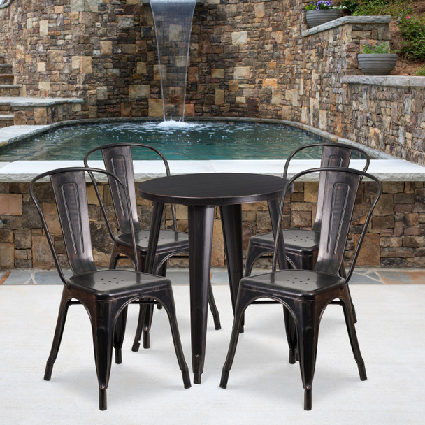 Chauncey Commercial Grade 24" Round Black-Antique Gold Metal Indoor-Outdoor Table Set with 4 Cafe Chairs