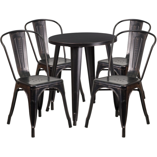 Chauncey Commercial Grade 24" Round Black-Antique Gold Metal Indoor-Outdoor Table Set with 4 Cafe Chairs