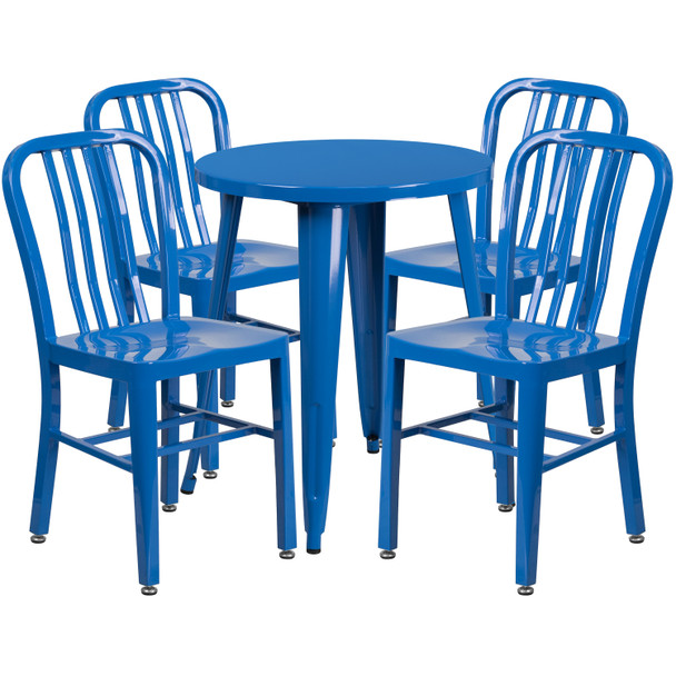 Thomas Commercial Grade 24" Round Blue Metal Indoor-Outdoor Table Set with 4 Vertical Slat Back Chairs