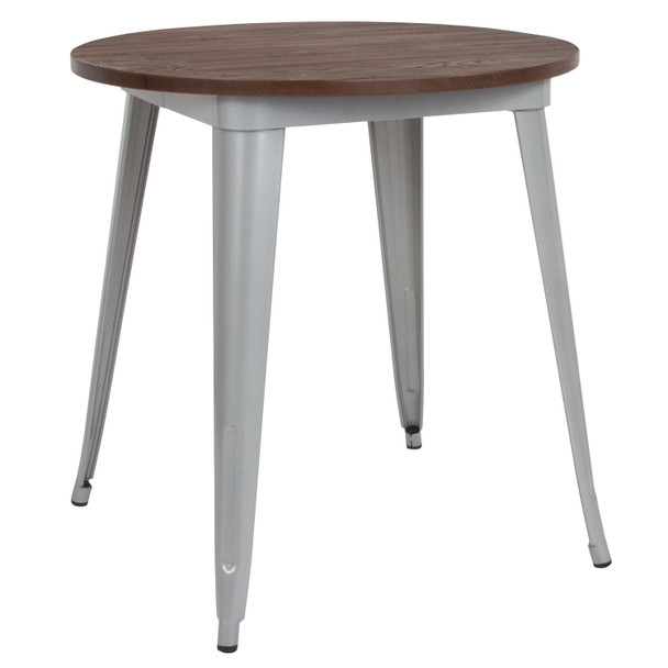 Jeffrey 30" Round Silver Metal Indoor Table with Walnut Rustic Wood Top