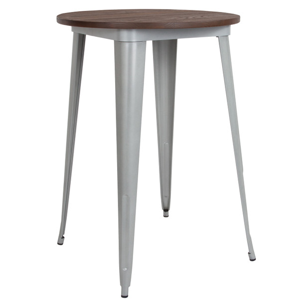 Philip 30" Round Silver Metal Indoor Bar Height Table with Walnut Rustic Wood Top