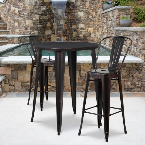 Caron Commercial Grade 30" Round Black-Antique Gold Metal Indoor-Outdoor Bar Table Set with 2 Cafe Stools