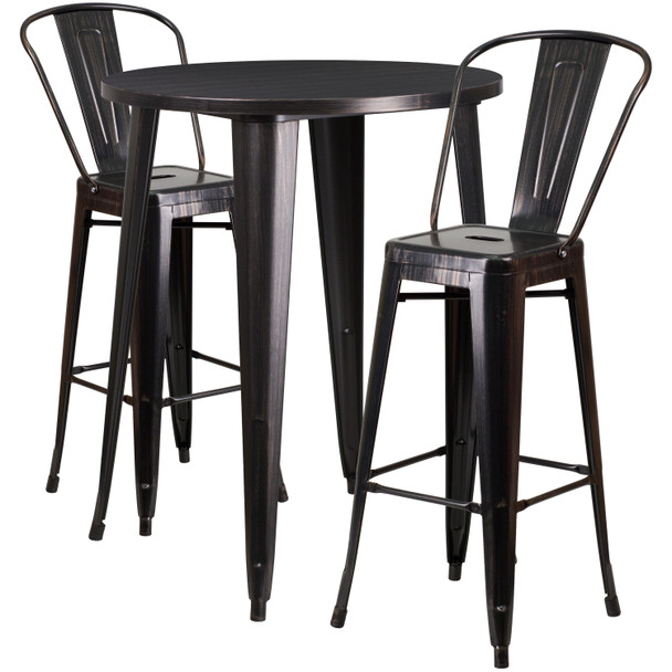 Caron Commercial Grade 30" Round Black-Antique Gold Metal Indoor-Outdoor Bar Table Set with 2 Cafe Stools