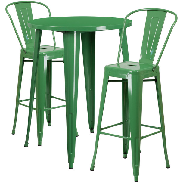 Caron Commercial Grade 30" Round Green Metal Indoor-Outdoor Bar Table Set with 2 Cafe Stools