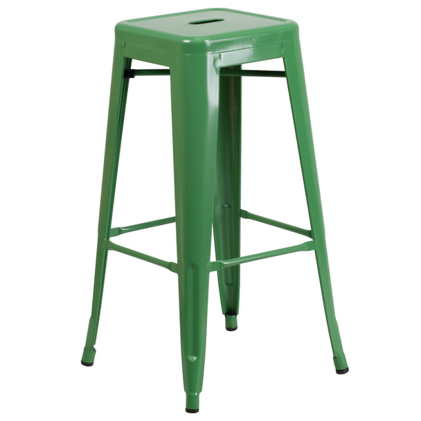 Boyd Commercial Grade 30" Round Green Metal Indoor-Outdoor Bar Table Set with 2 Square Seat Backless Stools