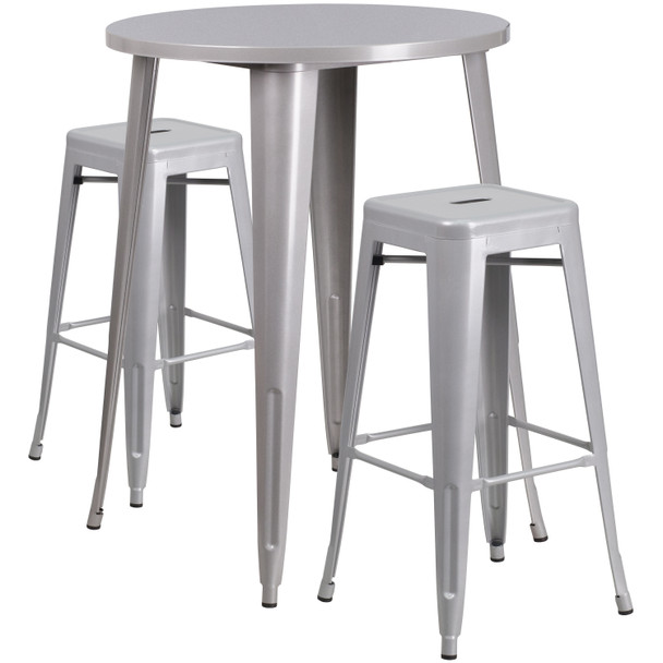 Boyd Commercial Grade 30" Round Silver Metal Indoor-Outdoor Bar Table Set with 2 Square Seat Backless Stools