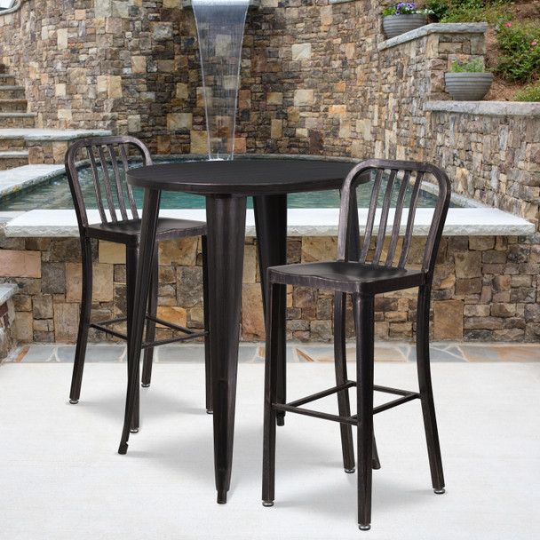 Brad Commercial Grade 30" Round Black-Antique Gold Metal Indoor-Outdoor Bar Table Set with 2 Vertical Slat Back Stools