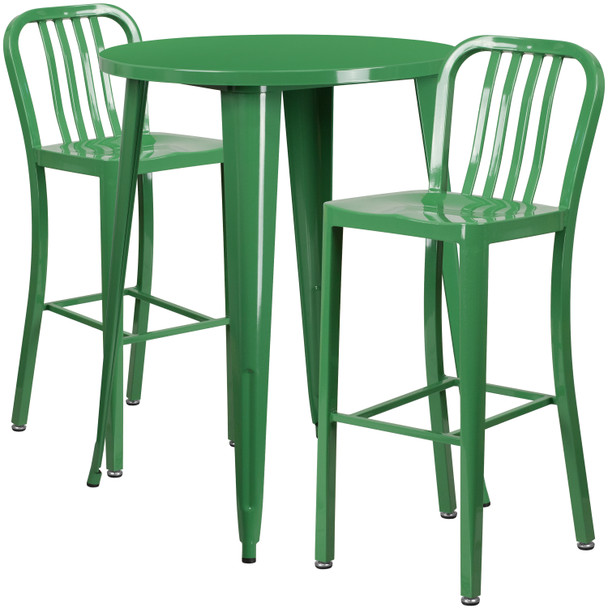 Brad Commercial Grade 30" Round Green Metal Indoor-Outdoor Bar Table Set with 2 Vertical Slat Back Stools