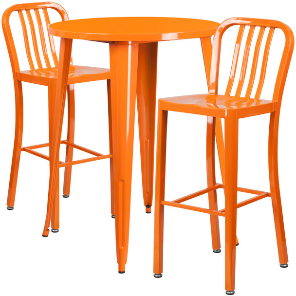 Brad Commercial Grade 30" Round Orange Metal Indoor-Outdoor Bar Table Set with 2 Vertical Slat Back Stools