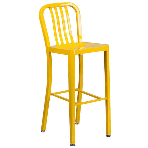 Brad Commercial Grade 30" Round Yellow Metal Indoor-Outdoor Bar Table Set with 2 Vertical Slat Back Stools