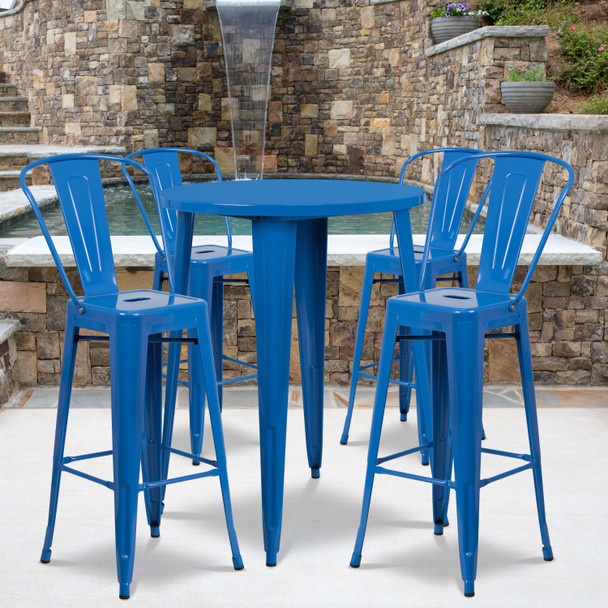 Callum Commercial Grade 30" Round Blue Metal Indoor-Outdoor Bar Table Set with 4 Cafe Stools