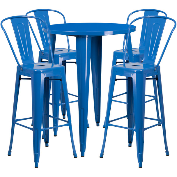 Callum Commercial Grade 30" Round Blue Metal Indoor-Outdoor Bar Table Set with 4 Cafe Stools