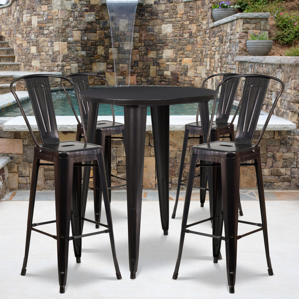 Callum Commercial Grade 30" Round Black-Antique Gold Metal Indoor-Outdoor Bar Table Set with 4 Cafe Stools