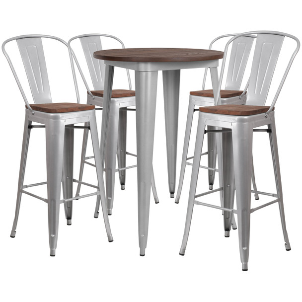 Bailey 30" Round Silver Metal Bar Table Set with Wood Top and 4 Stools